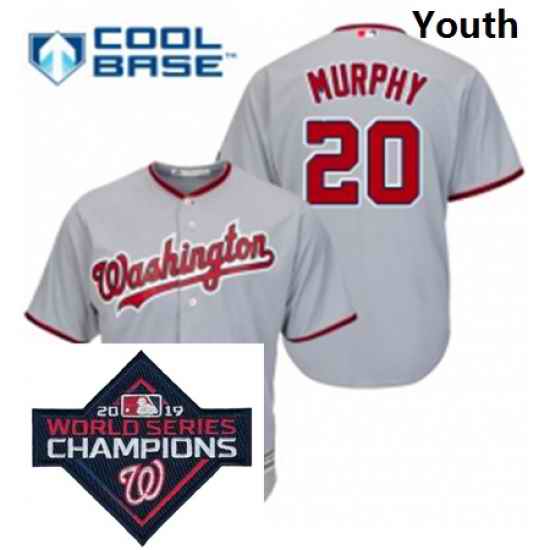 Youth Majestic Washington Nationals 20 Daniel Murphy Grey Road Cool Base MLB Stitched 2019 World Series Champions Patch Jersey